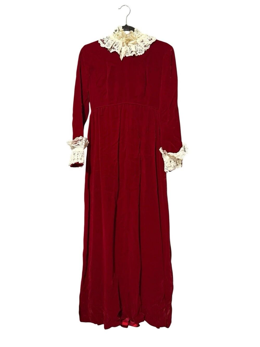 Vintage Handmade Red Velvet Prairie Maxi Dress Lace Victorian Cottagecore
